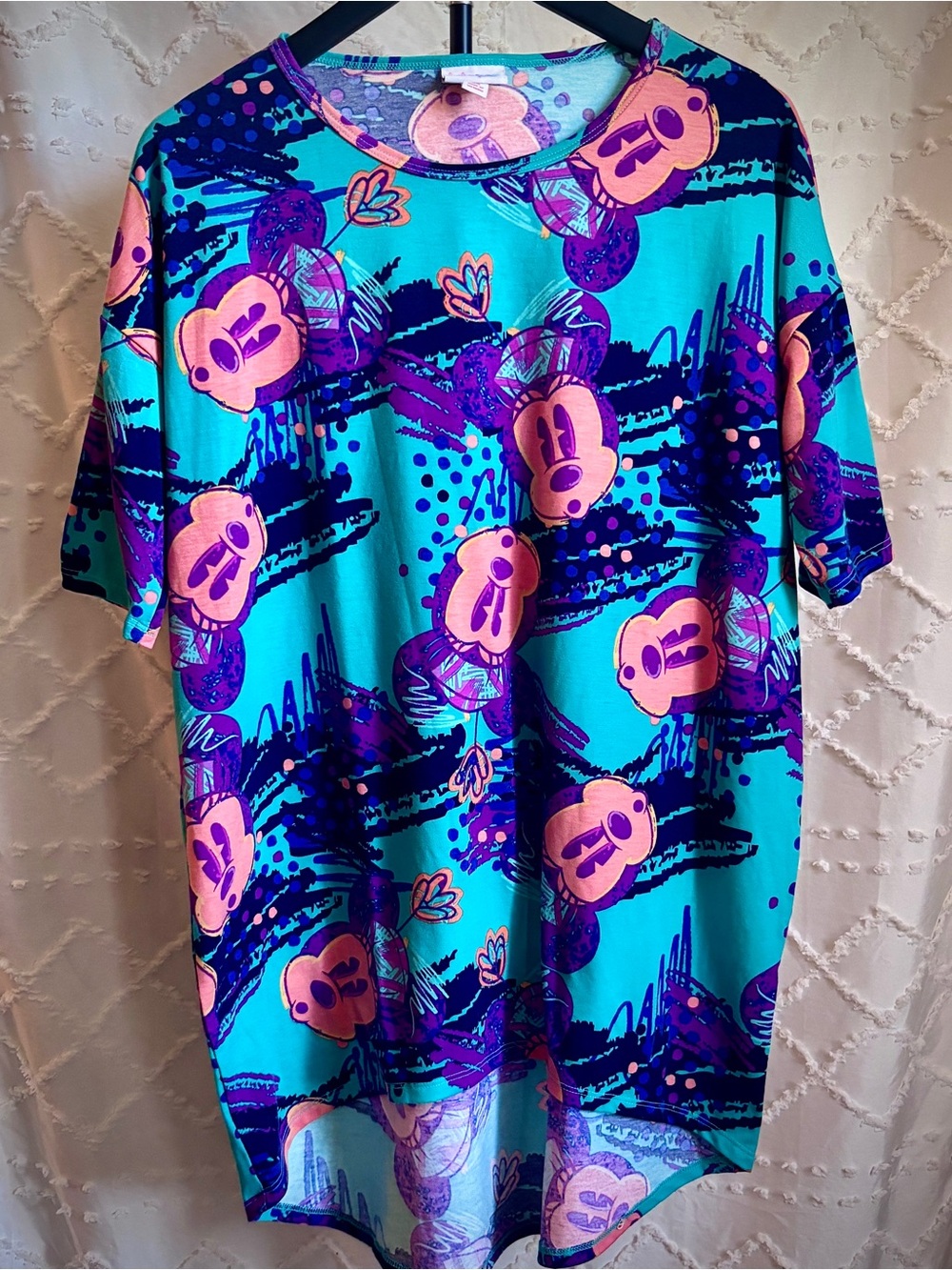 LuLaRoe Disney Irma XS Mickey Mouse Tunic Top Teal Purple Graphic High Low